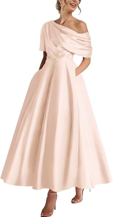 Tea Length Satin Mother of The Bride Dresses for Women One Shoulder Formal Evening Gown with Pocket Wedding Guest