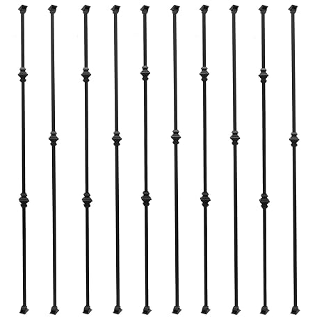 Sidasu 10-Pack Iron Balusters 44" Wrought Iron Stair Spindles | Double & Single Knuckle Design,Satin Black,Include 20 Swivel Shoes, Easy Installation for Indoor & Outdoor