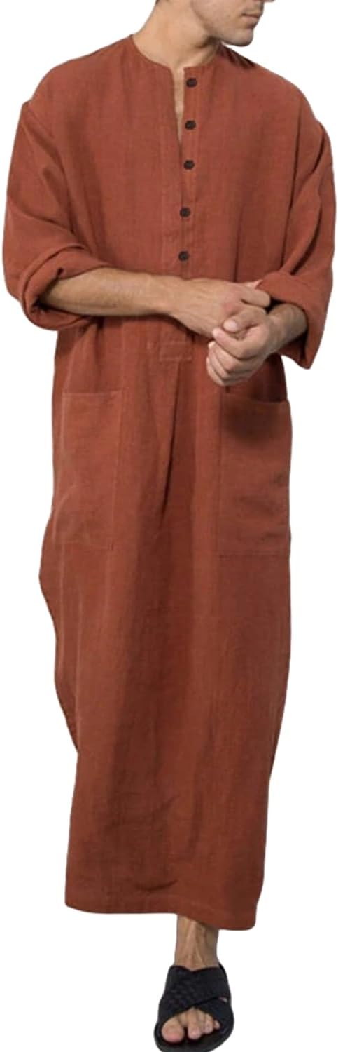 JIAHG Muslim Mens Clothing Long Sleeve Thobe Thawb Middle East Saudi Arab Caftan Crew Neck Islamic Abaya Dress Dubai Robe