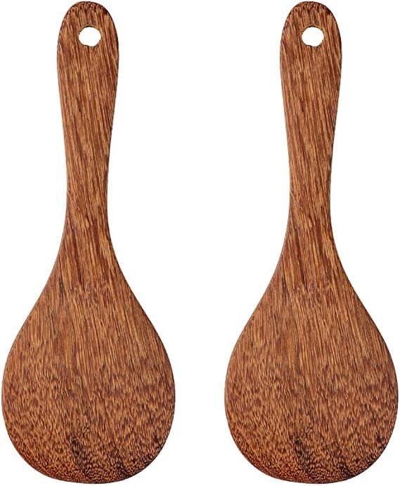 2 Pack Wooden Rice Spoon Rice Cooker Spatula Utensils Wood Rice Paddle Non Stick Rice Spatula Kitchen Cooking Salad Tongs Rice Serving Spoon Set