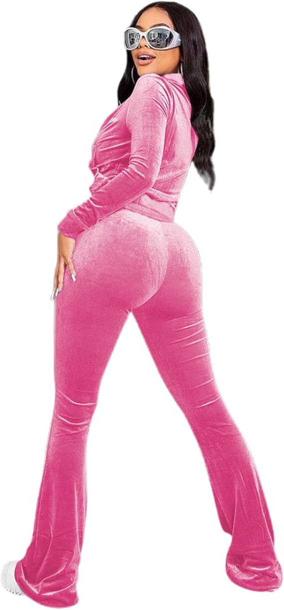 Womens 2 Piece Solid Velour Tracksuits Two Piece Velvet Lounge Outfits for Women, Long Sleeve Tops Sweatsuits Casual Zip-Up Jacket Workout Pants Matching Set with Pockets Sports Jogging Sets Blue L