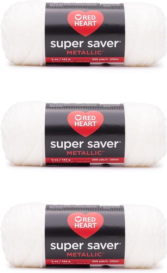 Red Heart Super Saver Metallic Yarn for Crocheting, White, 3-Pack