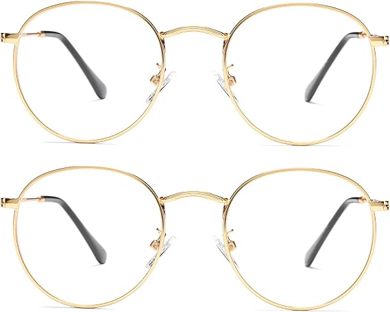 Vintage Round Metal Glasses Frame with Clear Lens, 2 Pack Women Men Non-Prescription Eyeglasses