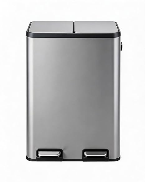 16 Gallon/60L Commercial Dual Trash Can, Stainless Steel Step-on Recycling Bin with Soft-Close Lids & 2 Pedals, Double Garbage Can with Removable Inner Buckets for Kitchen Restaurant Garage Office