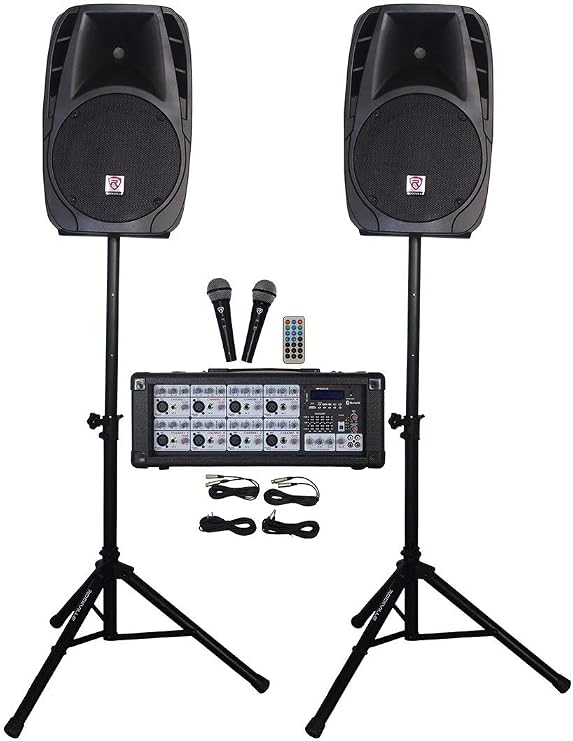 Rockville RPG2X12 Bundle: (2) 12-inch 1400W Passive DJ PA Speakers with Stands and Microphones, 8 Channel 1400W Powered Mixer with Bluetooth for Church Sound Systems, 2-Items