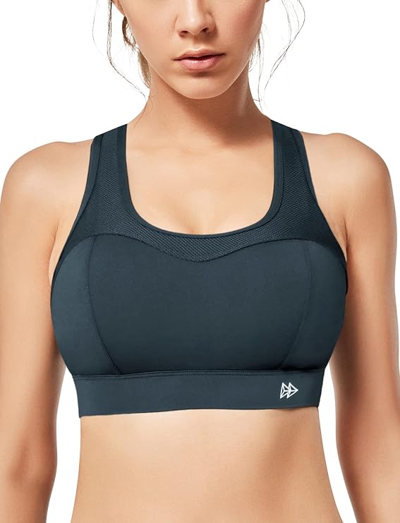 Yvette High Support Sports Bras for Women, Splicing Mesh Workout Sports Bra for Plus Size, Navy