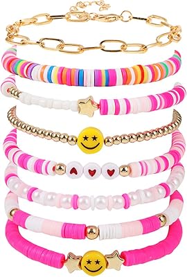 Preppy Heishi Surfer Bracelets Set, Colorful White Gold Smile Heart Star Evil Eye Beaded Polymer Clay Pearl Stackable Charm Y2K Kidcore Aesthetic Summer Beach Jewelry for Women Girls Teens