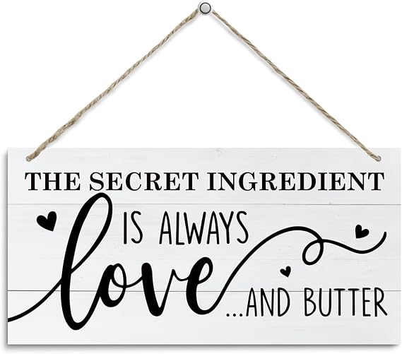 Funny Kitchen Sign, The Secret Ingredient Is Always Love and Butter Sign, Decorative Hanging Wall Plaque Decor Sign, Farmhouse Home Decor for Kitchen, Kitchen Wall Decoration, Rustic Hanging Sign