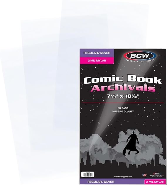 BCW Silver Age Comic Mylar Bags, 2 Mil, 7 1/4 x 10 1/2, 50 Count | Archival 2 mil polyester bags fit Silver Age comics and feature 1.5-inch fold-over flaps for clear, protective storage.