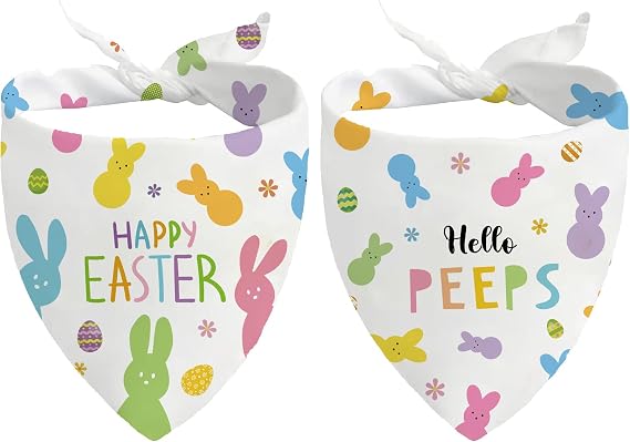 Easter Dog Bandanas 2 Pack, Adjustable Colorful Bunnies Eggs Triangle Easter Dog Outfits Reversible Pet Costume for Small Medium Large Dogs