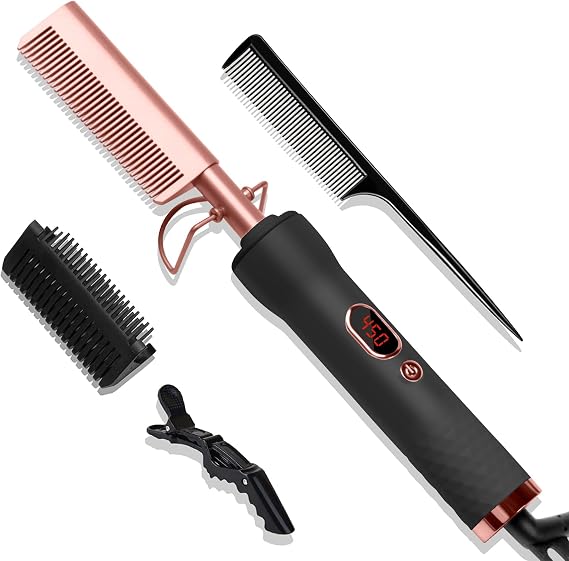 Hot Comb,Pressing Combs 110-240V Straightening Comb for Curl/Straight,Curling Iron with 12 Temp Settings Heating Up to 450F,