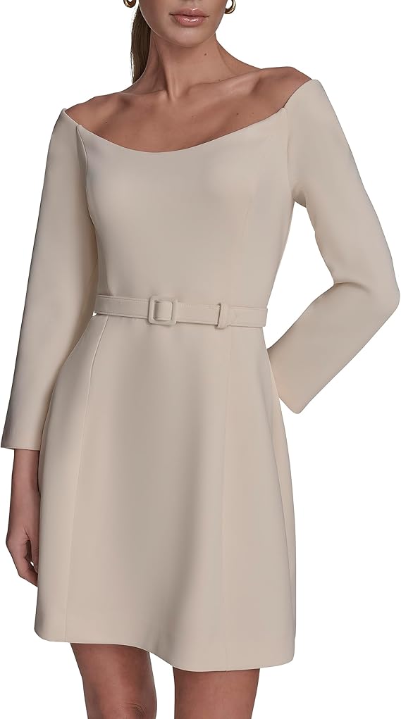 BCBG Women's Off the Shoulder Long Sleeve Belted A-line Mini Dress