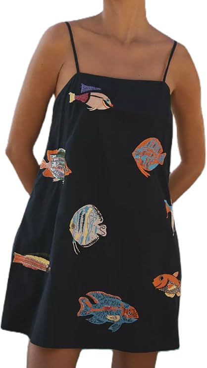 NUFIWI Women Boho Graffiti Cami Mini Dress Spaghetti Strap Printed A Line Short Dress Cute Colorful Sundress