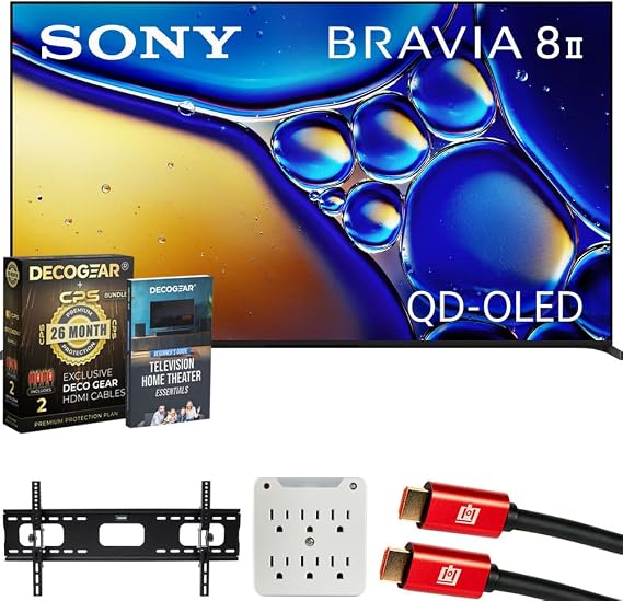 Sony K65XR80M2 BRAVIA 8 II 65" QD-OLED 4K HDR TV (2025) Bundle with CPS Exclusive 26 Month Protection, Wall Mount, 2X HDMI Cables, Surge Adapter & Deco Gear Complete Home Theater Beginner's Guidebook