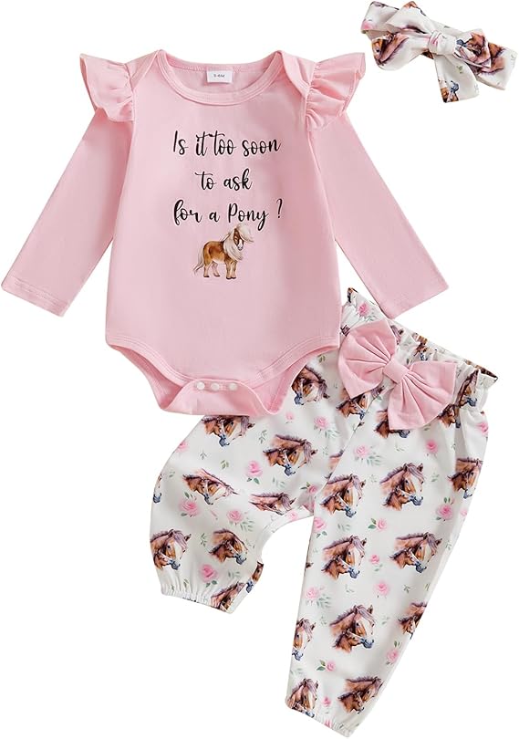 Western Baby Girl Clothes Romper + Pants + Headband Infant 3PCS Outfit | 0 3 6 9 12 18 Months,Horse/Boots Print,Long Sleeve,cowgirl,newborn girl essentials,western baby stuff,Fall Winter Clothes