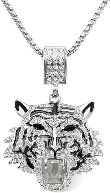 Punk Rhinestone Tiger Pendant Necklace.Hip Hop Cubic Zirconia Tiger Head Necklaces for Men Lion's Head Crystal Chain Necklaces Party Jewelry