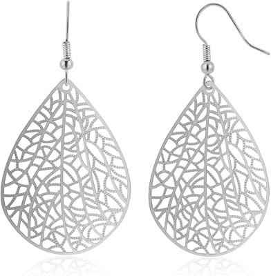 CARPDIM Teardrop Earrings for Women, 14K Plated Dangle Earrings Handmade Filigree Teardrop Dangling Earrings Hypoallergenic 925 Sterling Leaf Earrings for women Girls