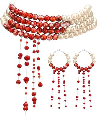 Vampire Costume Necklace and Earrings Set with Dripping Blood Beads Gothic Pearl Choker Halloween Necklace Role Play Ghost Bride Costume Accessories for Women Men