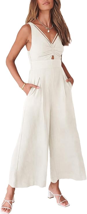ANRABESS Womens Summer Linen Wide Leg Sleeveless Jumpsuits