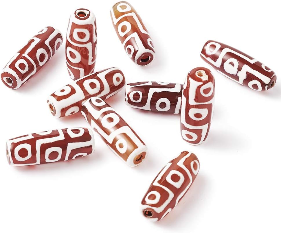 Pandahall 10pcs Tibetan Style dZi Beads Olive Shape with 9-Eyes Natural Agate Dyed & Heated Rice Beads 30mm by 10mm Buddhism Jewelry Beading Supplies