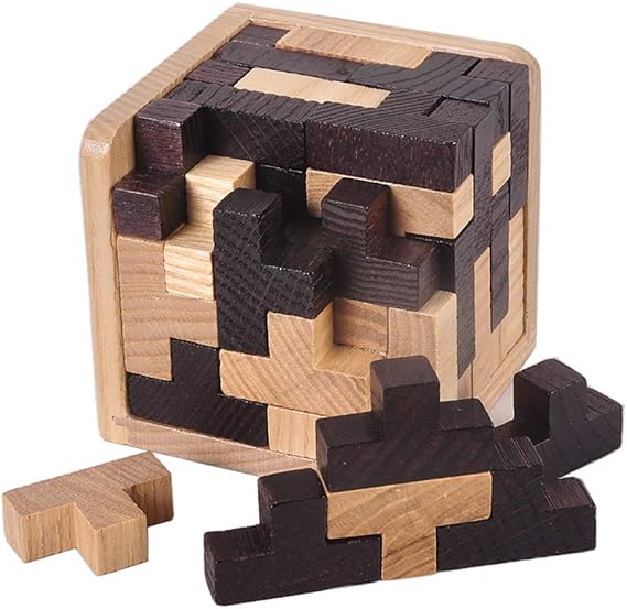 KINGOU Wooden Brain Puzzle Cube 3D Brain Teaser Puzzles 54 Pieces T-Shaped Blocks Builder Creative Educational Toy for Kids and Adults Desk Puzzles for Gift