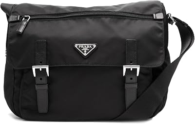 Prada Womens Black Tessuto Nylon Crossbody Messenger Bag with Saffiano Leather Trim, Zipper & Buckle Closure, Exterior Pockets, Adjustable Strap New