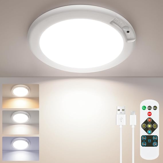 4-Pack Rechargeable Motion Sensor LED Ceiling Lights with Remote | Wireless, Battery Operated, Magnetic Suction, 3CCT Dimmable Closet Lights for Shower, Pantry, Laundry, Hallway, Bathroom