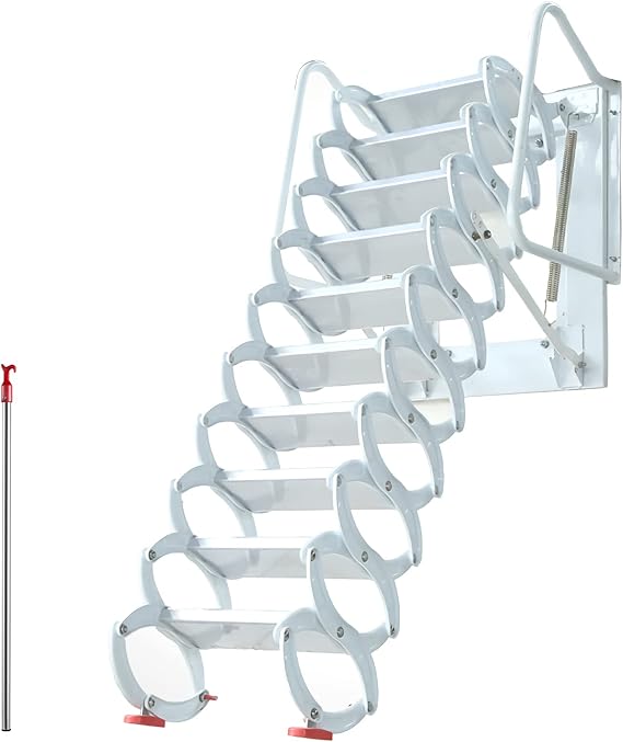 INTSUPERMAI Attic Ladder Loft Stairs Attic Extension Loft Ladder Wall-Mounted Folding Stairs Attic Stairs Pull Down from Wall with Aluminium Alloy Material Max 10ft Height for Home Refit Pure White