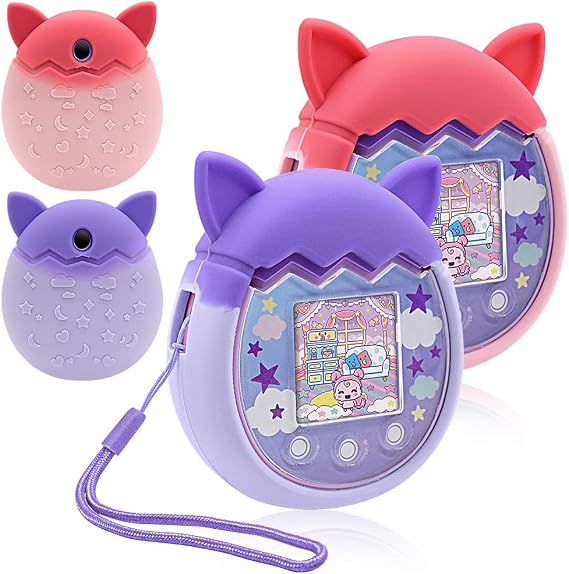 2 Pack Silicone Case for Tamagotchi Pix Virtual Pet Game Machine,Protective Soft Skin Cover for Tamagotchi Pix Sleeve Shell with Hand Strap(Purple+Pink)
