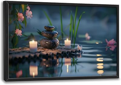 Large Zen Wall Art Spa Stone Pictures Canvas Wall Decor Lotus And Bamboo Yoga Painting Meditation Peaceful Home Modern Artwork Decorations Framed for Bathroom Bedroom Living Room Office 36x24 inch