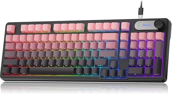 BlueFinger RGB Gaming Keyboard, 98 Keys USB Wired Keyboard with Rainbow Backlit, Volume Knob & Screen, Quiet Typing, Side-Printed PBT Keycaps for PC/Mac