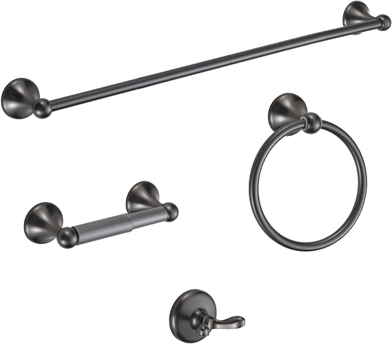 BGL Bathroom Hardware Set Grey Electroplating 4-Piece Bathroom Accessories Set Wall Mounted Adjustable Towel Bar Robe Hook Toilet Paper Holder Towel Ring Glossy Grey