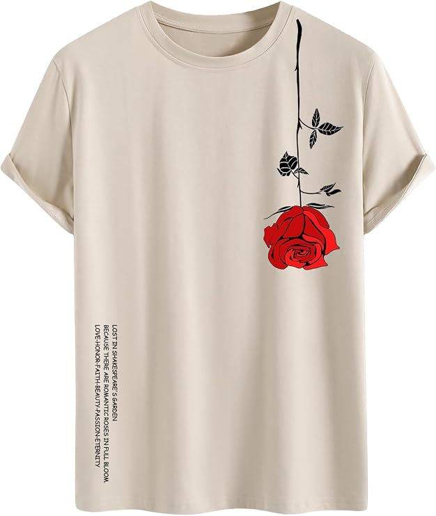 RoseSeek Men's Graphic Tees Floral Print Short Sleeve Crew Neck Vintage Tee Shirt Casual Summer Tee Tops