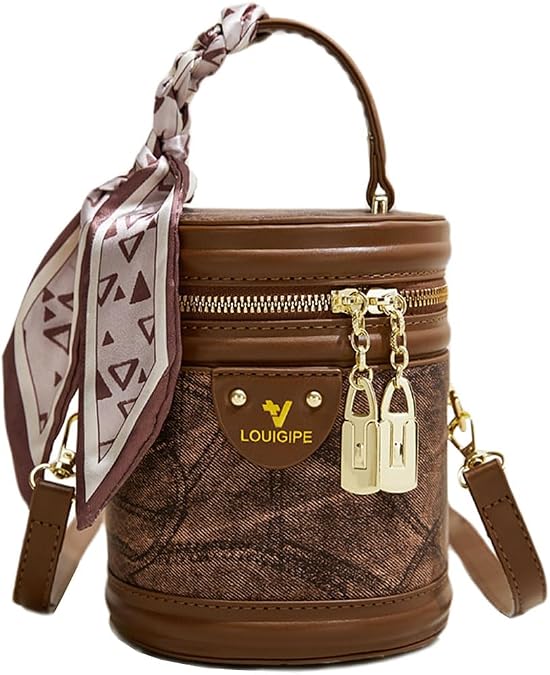 Retro Canvas Bucket Bag Color Contrast Cylinder Purse for Women Shoulder Crossbody Handbag with Zipper