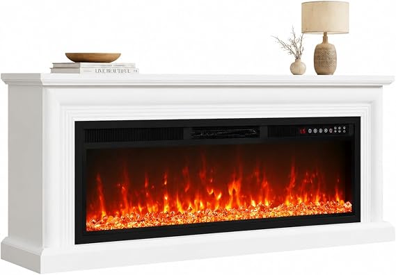 BREEZEHEAT 70 Inch TV Stand Fireplace for Up to 80" TV Console with 36'' Electric Fireplace & Outlet, Led Entertainment Center with Fireplace for Living Room, Dark Black