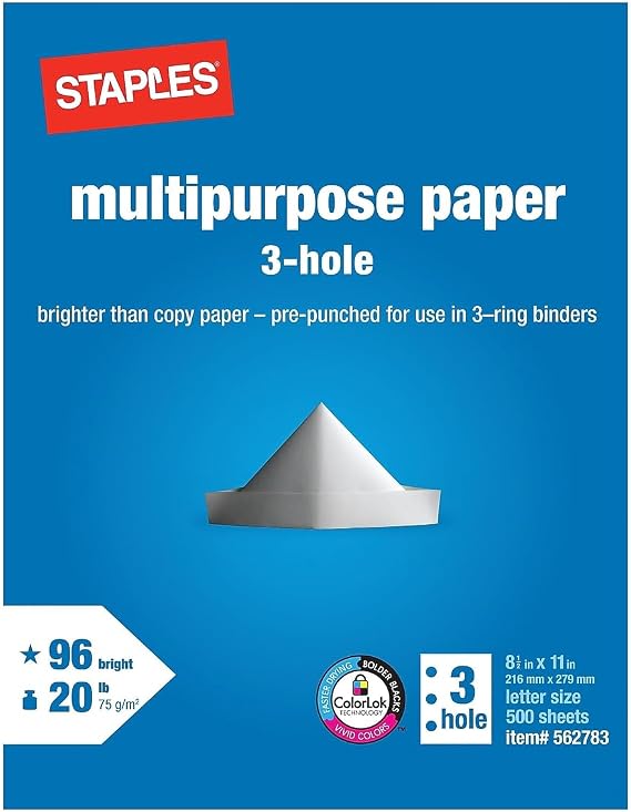 Staples Multipurpose Paper, 8.5x11 Inch, 3-Hole Punched, for Office