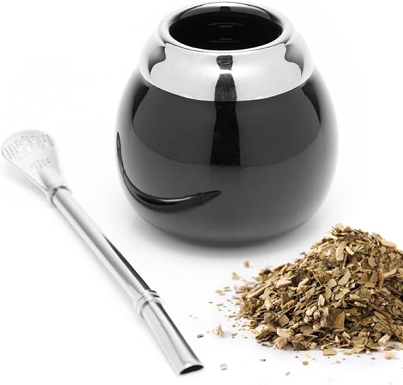 BALIBETOV Ceramic Yerba Mate Cup and Bombilla Set (Original Traditional Mate Cup - 6.7 Ounces) | Includes 1 Bombilla (Yerba Mate Straws to Use) | Ceramic Easy to Clean (Black)