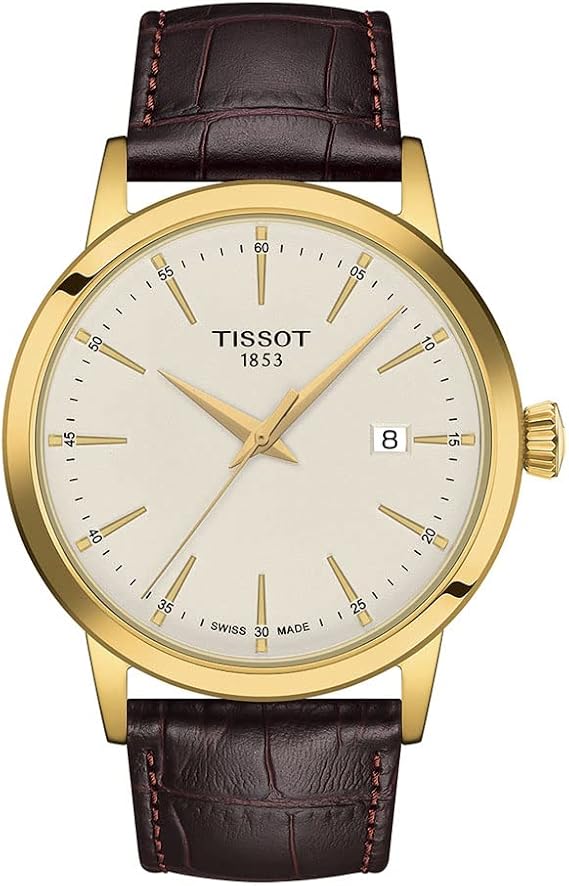 Tissot Mens Classic Dream 316L Stainless Steel case with Yellow Gold PVD Coating Quartz Watch, Brown, Leather, 22 (T1294103626100)