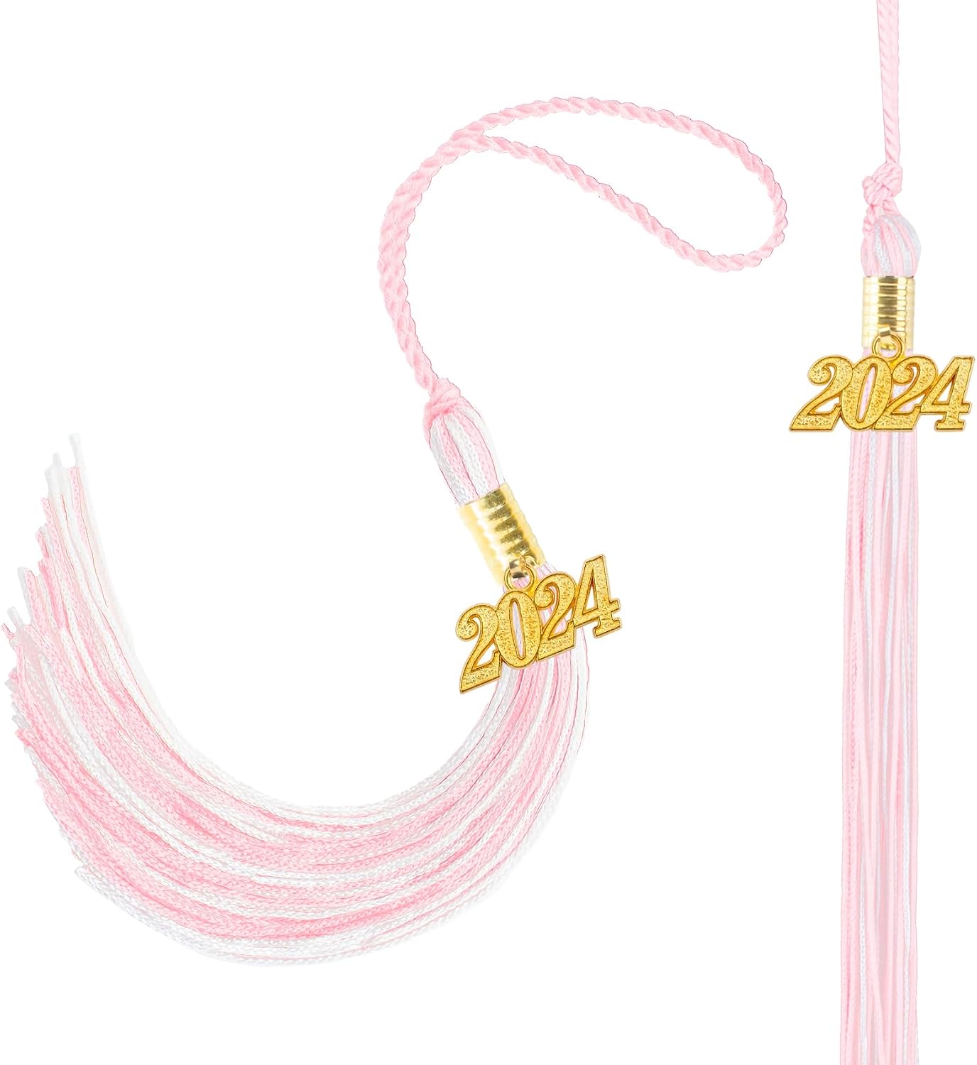 2024 Graduation Decorations, Graduation Tassel 2024, 2 Pcs Class of 2024 Tassel with 2024 Year Gold Date Charms for Graduate Parties Ceremonies Souvenir, Graduation Cap Decorations Honor - White Pink