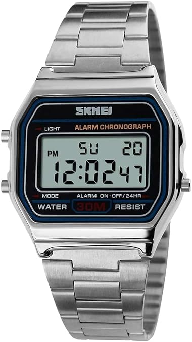 SNE Men's Digital Watch Stainless Steel Band Water Resistant Electronic Square LED Back Light Wristwatch