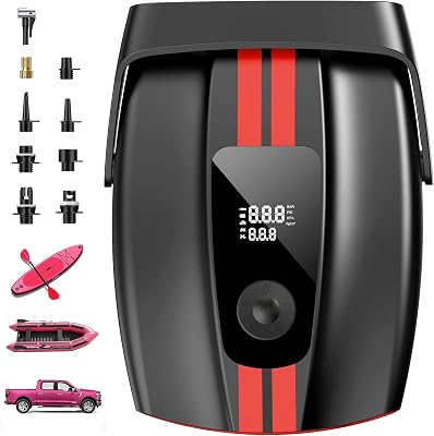 ZFOX 50PSI Paddle Board Pump, Portable Electric SUP Pump with Auto-Shutoff & Cooling Fan Smart Inflation for Paddle Board, 9 Nozzles, HD LCD Display, 12V DC Red-M