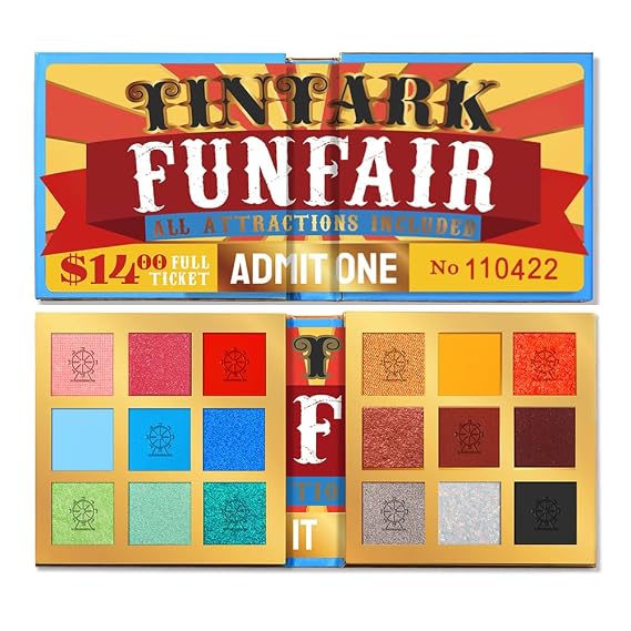 Tintark FUNFAIR 18 Colors Eyeshadow Palette | Talc-Free Formula | High Pigment, Blendable Matte Shimmer Glitter | Long-Lasting, Unique Carnival Ticket Design