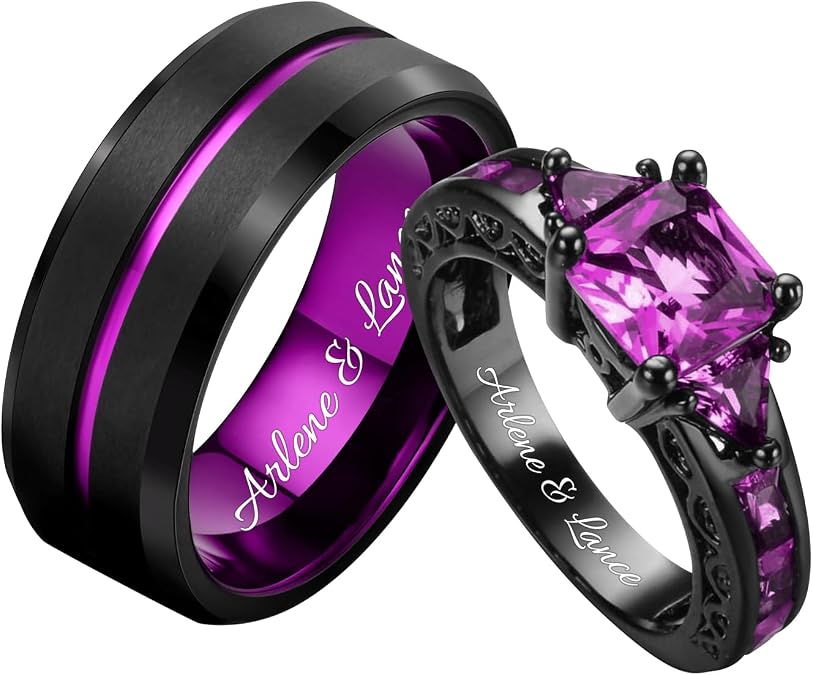 3UMeter 2Pcs Personalized Couples Rings for Him and Her Set Custom Matching Rings for Couples Promise Rings Engraved Wedding Ring Sets for Anniversary Wedding Engagement Valentines Day Gifts