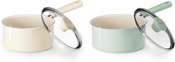 Redchef Ceramic Nonstick Saucepan with Lid, Small Cooking Pot, Non Toxic Sauce Pans for Kitchen, Cool Handle PFAS Free Compatible with All Cooktops, (White 1.5QT+ Green 2.5QT)