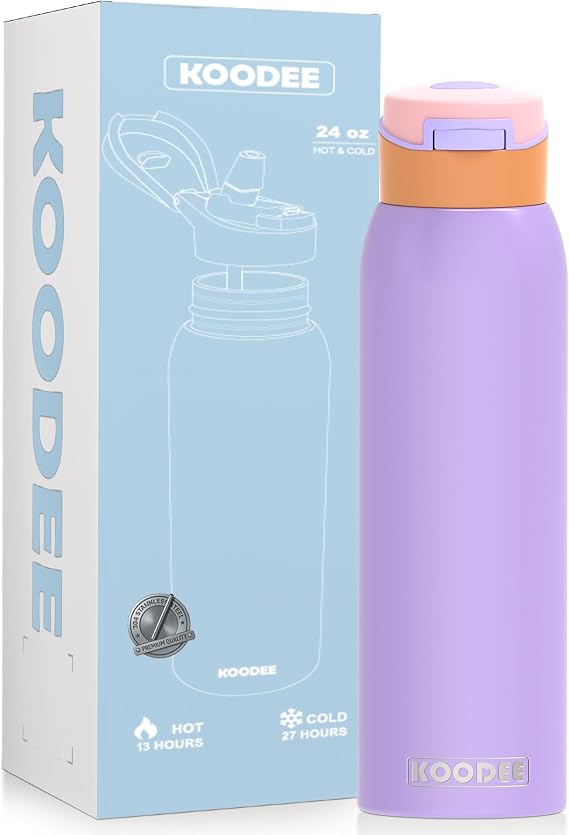 koodee 24oz Free-sip Insulated Stainless Steel Water Bottles with Soft Straw,Quick Flip GO Bounce cup Thermo-flask,Pop & Fill Double-Wall Vacuum Bottle,for Sports & Travel,BPA-Free (Peach Lavender)