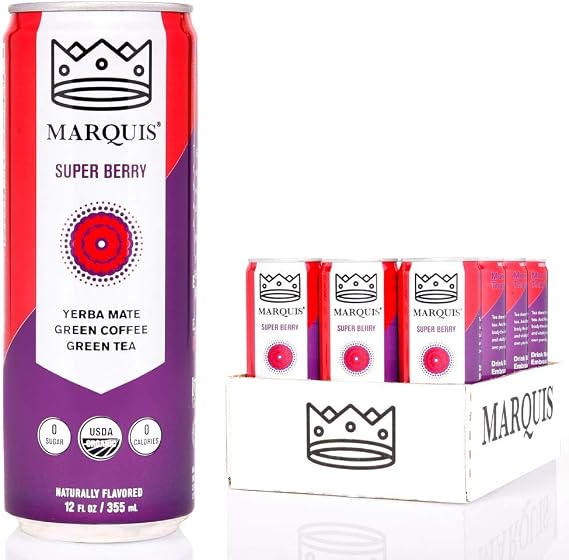 Organic Green Tea + Yerba Mate Drink by Marquis |Antioxidant Infused Sparkling Beverage | Zero Sugars, Zero Calories | Super Berry Flavor Super Tea | Pack of 12 (12 oz Cans)