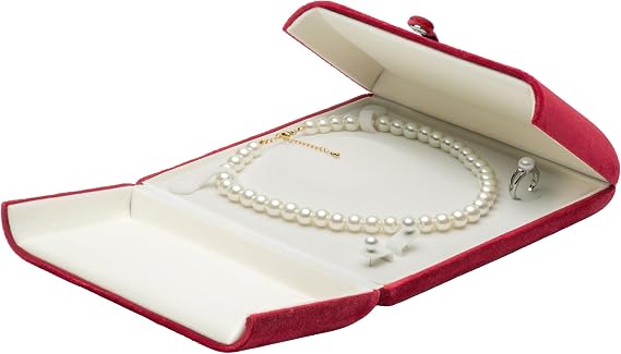 Velvet Big Pearl Necklace Gift Box Jewelry Storage Case | Ring Earring Pendant Holder (Red)