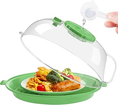Microwave Splatter Cover Lid for Food 10.2 Inch with Water Steamer, Clear Microwave Splash Guard Cooker Lid with Plate, Dish Bowl Plate Serving Cover Cookware High Transparent Plastic Green