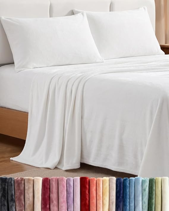 Fleece Sheets King Size Set - 4-Piece Velvet Flannel Sheet Set - White
