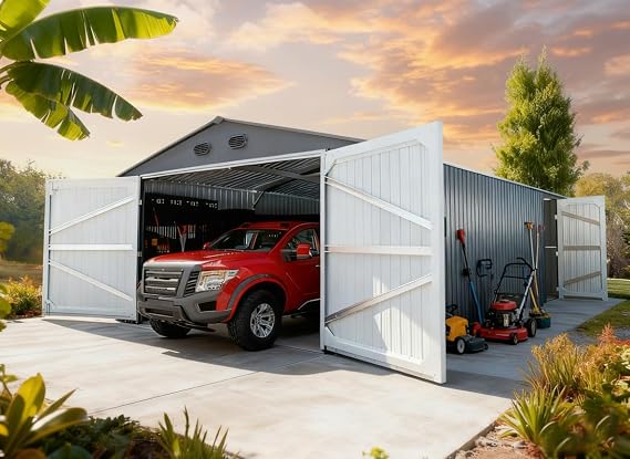 13x20 Outdoor Storage Shed, Extra Large Metal Garage Building, Heavy Duty Steel Car Shed with Side Door & Updated Frame Structure, Waterproof Carport for Car, Truck, Bike, Tool Storage, Dark Gray